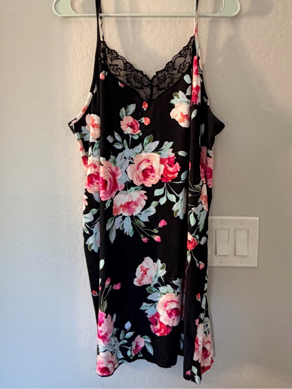 Floral Lace-Trim Slip Dress - Black with Pink Floral